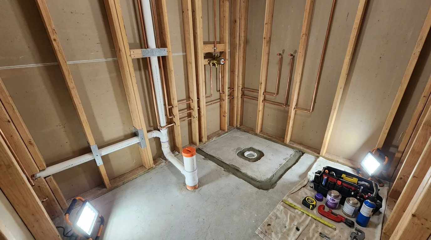 Bathroom rough-in plumbing during remodel by Johns Plumbing LLC in Pecos