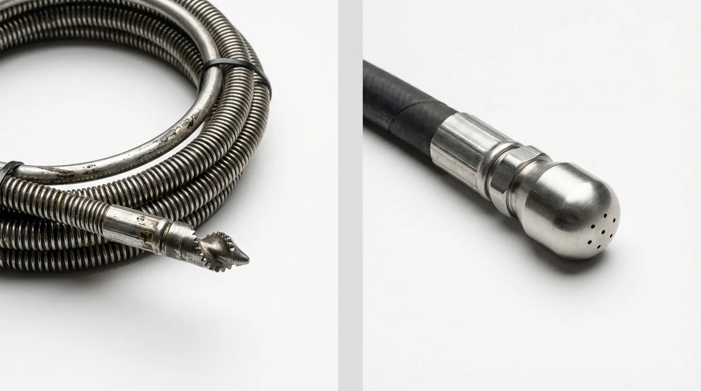 Drain snake cable and hydro jetting nozzle used for drain cleaning in Pecos, NM