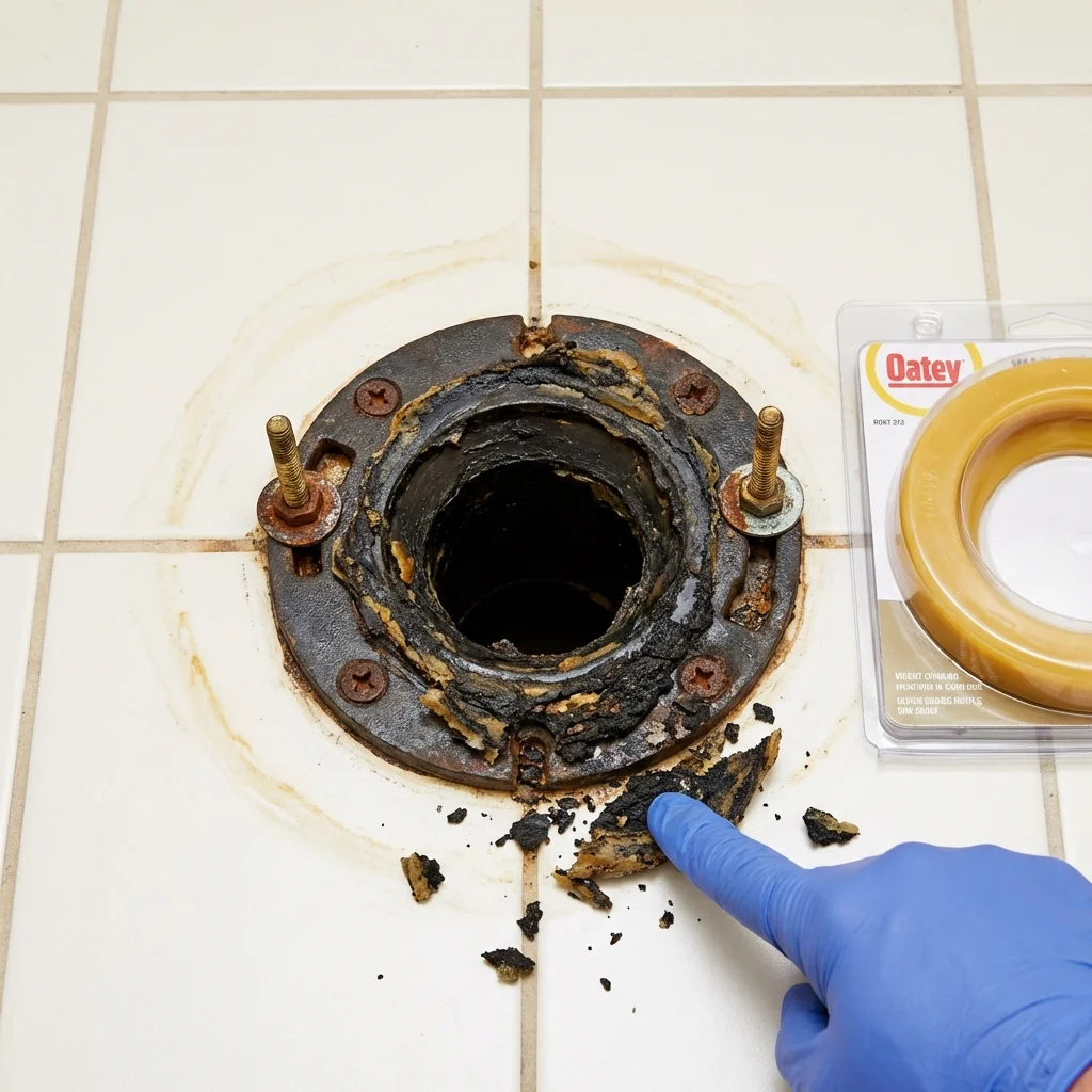 Failed wax ring showing water seepage at the base of a toilet in a Pecos, NM home