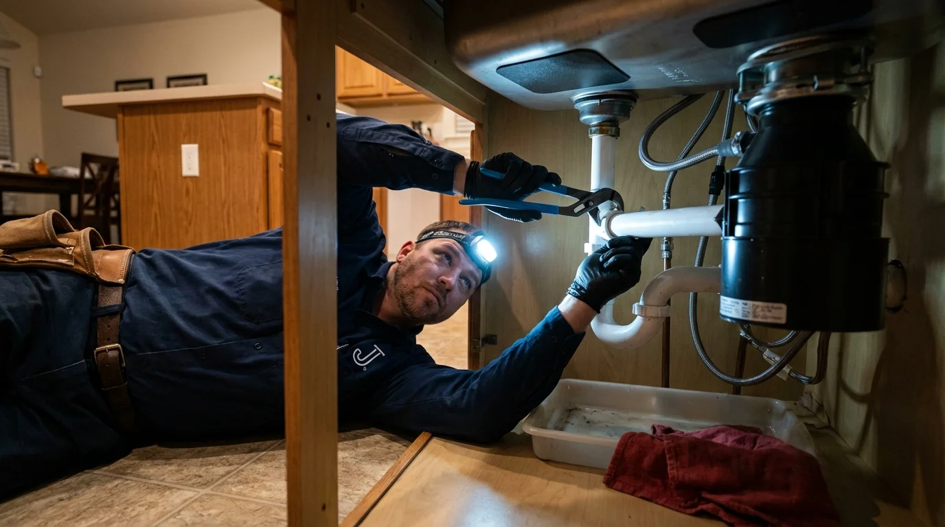 P-trap and supply line connections under a kitchen sink showing a common leak point in Pecos, NM